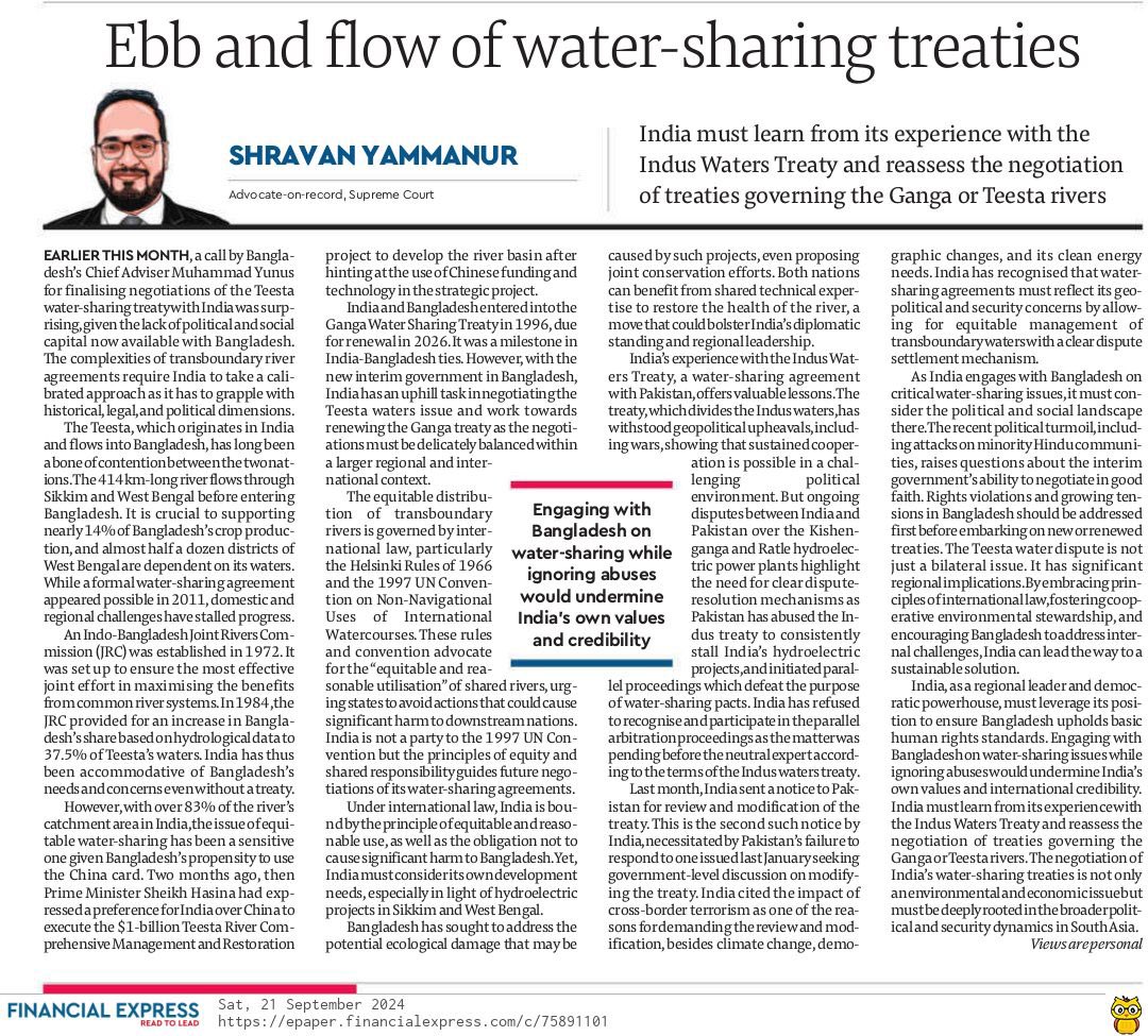 ShravanKumar_Y's tweet photo. In today’s @FinancialXpress, I write on how India must take a calibrated approach in navigating water sharing negotiations with Bangladesh, taking into account its experience with the Indus Waters Treaty and the political situation in Bangladesh. 

https://t.co/iw7TmuUcuN https://t.co/FL3Mhi53Uv