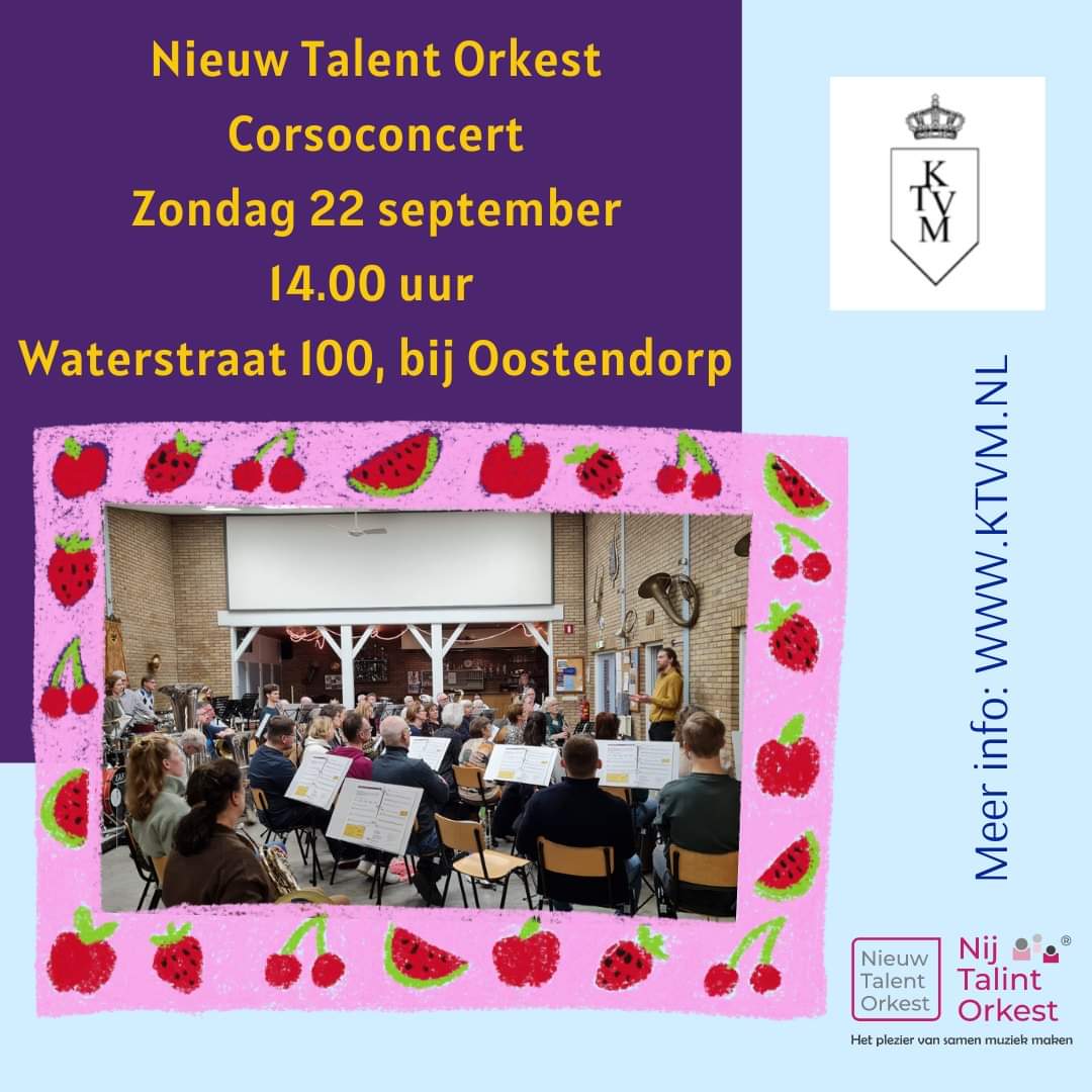 Morgen! Het eerste buitenconcert van ons NTO, gevolgd door het groot harmonieorkest. Kom je ook luisteren? En veel plezier met het <a href="/fruitcorso/">Fruitcorso</a> , het wordt een prachtig weekend