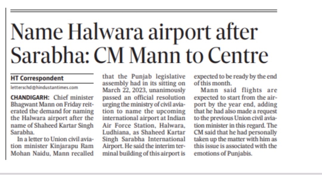 AAPPunjab's tweet photo. Honoring our bravehearts 🙏
The Punjab Assembly has unanimously supported naming #Halwara Airport as 'Shaheed Kartar Singh Sarabha International Airport.'
CM @BhagwantMann has made a heartfelt appeal to the Centre, reflecting the emotions of every Punjabi. https://t.co/ABhHdpt2nM