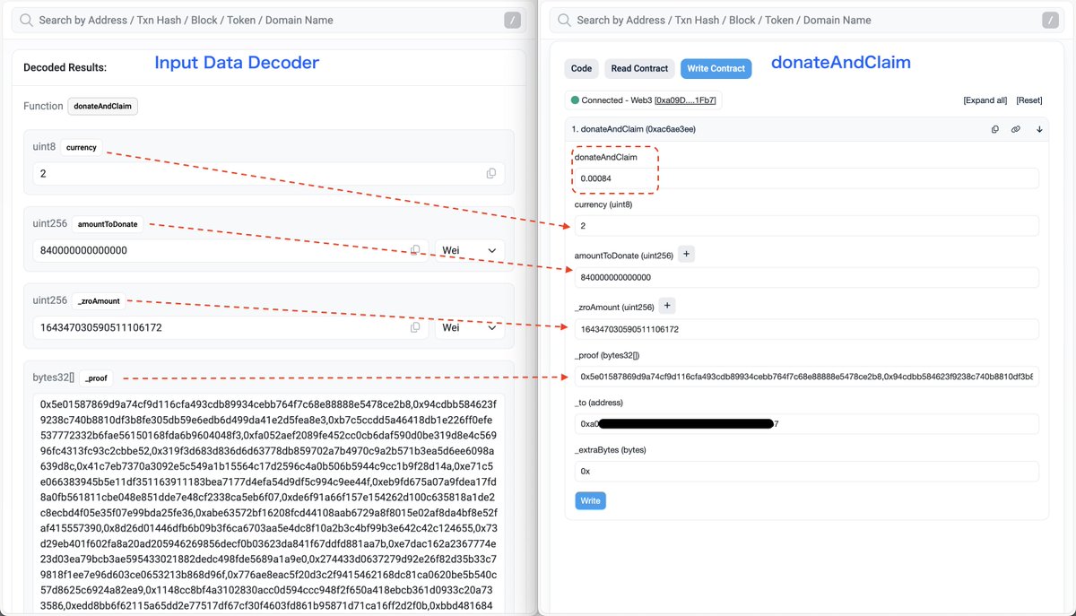 0xZentsu's tweet image. $ZRO 再エアドロ Claimの直コン。
layerzero.foundation/claim/
1. なるべく端数削って多めに入力。
(アセットは前回寄付したやつで固定)
2. エラーのdata部分をコピー。(ダブルクリックで選択できる)
3. Input Data Decoderでデコード。
arbiscan.io/inputdatadecod…
・Contract…
