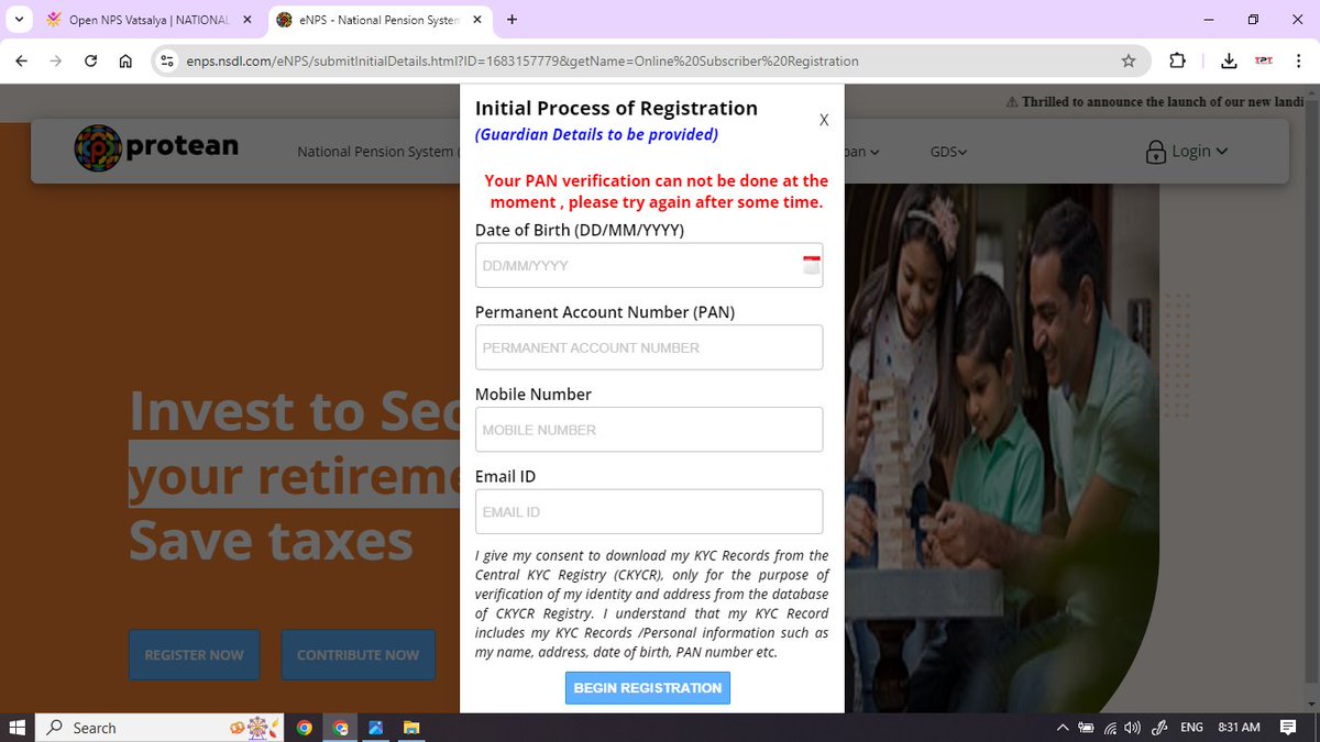 PradeepPotter's tweet photo. (2/2) @nps_trust I get the message: "The PAN is already associated with another NPS account." In this case, the guardian has an NPS account for himself and wants to open one for his son. Is it not possible to open a minor NPS account in this situation? Please help resolve this. https://t.co/6eg8jzHNCX