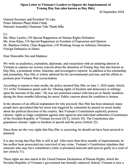 bill_hayton's tweet photo. The new leader of Vietnam, To Lam, is about to arrive in the US and the authorities have released a couple of political prisoners. Great news! But there are several more still in prison. I'm pleased to have signed this appeal for the release of the writer Huy Duc. https://t.co/Y12J9gbcFm