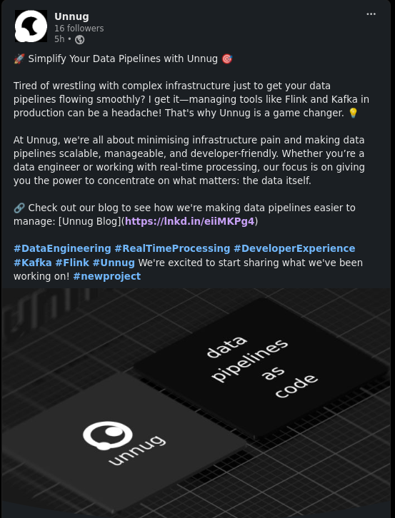 unnug_com's tweet photo. 🚀 We're excited to start sharing what we've been building at Unnug!

Check out the 📣 Announcement and details 👉 🔗 https://t.co/95EQ76XjDv

#DataEngineering #RealTimeData #Unnug #Flink #Kafka https://t.co/C9s6eRVPRa