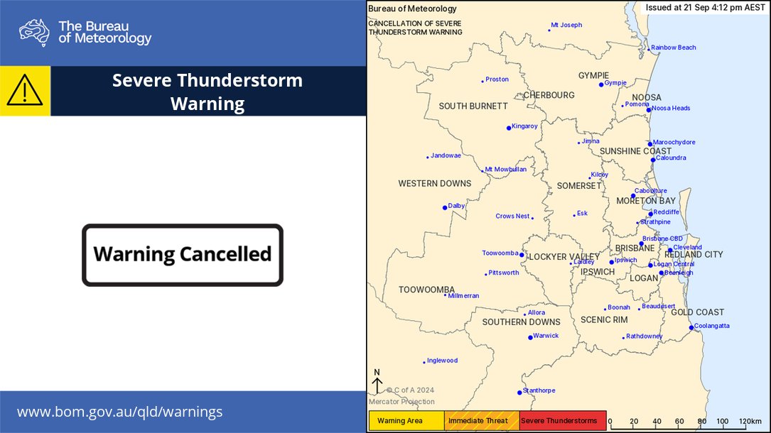 ⛈️Severe Thunderstorm Warning has now been cancelled. Thunderstorms remain possible about the #WideBay coast &amp; around #HerveyBay and K'gari over the next hour or two, less likely by evening. Latest forecasts: ow.ly/vMXx50Tsgn6
