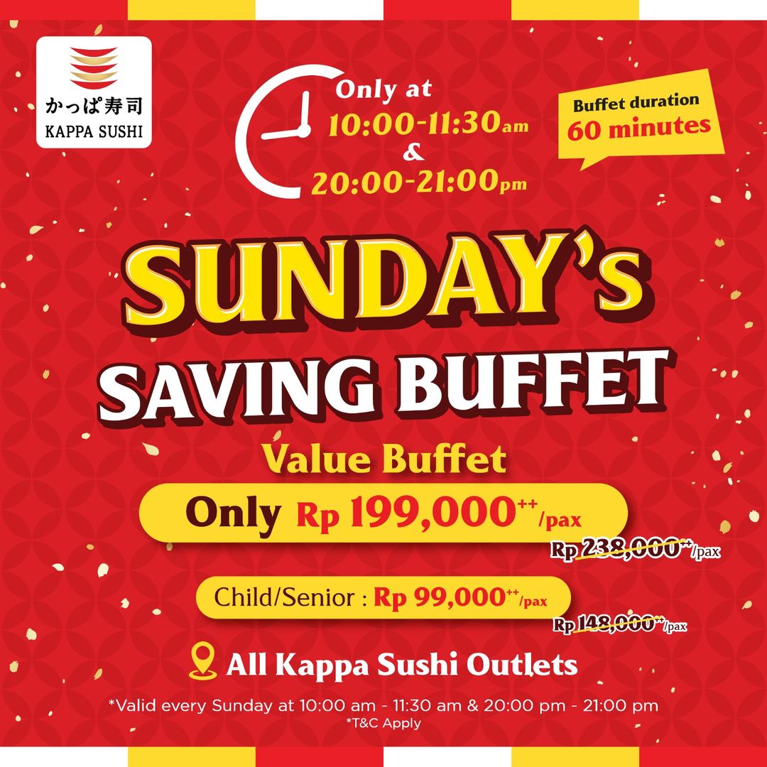 🍣 Promo Kappa Sushi Value Buffet cuma di hari Minggu! 

Makan sushi sepuasnya mulai dari Rp 99.000++ buat senior/anak dan Rp 199.000++ buat dewasa. Yuk, ajak keluarga dan teman ke Kappa Sushi! Berlaku dari 22 Sept - 27 Okt 2024. 

#PromoSushi

begini cara dapatin promonya 👉