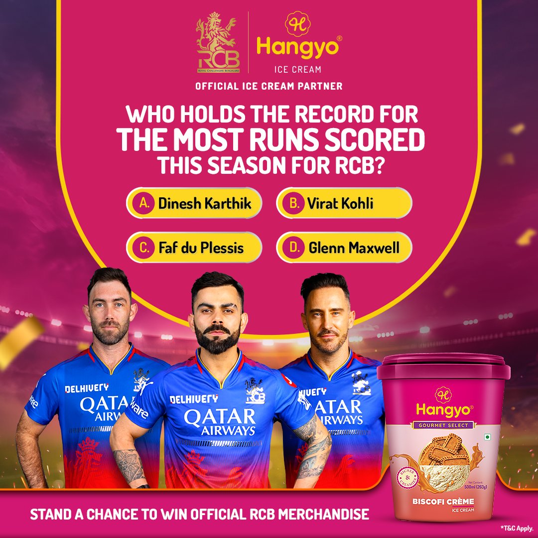 RCBTweets's tweet photo. ⭐ Win awesome RCB merchandise and delicious Biscofi Crème Ice-cream from Hangyo Gourmet! 🍦

🏏 Who's the top run-scorer this T20 season for RCB?

To enter: 1️⃣ Follow @HangyoIceCream 2️⃣ Guess the answer! 3️⃣ Tag 3 RCB fans! ❤

Ready? Show your RCB spirit! 💪

T&C Apply
#WinWithHangyo #RCB #ContestAlert