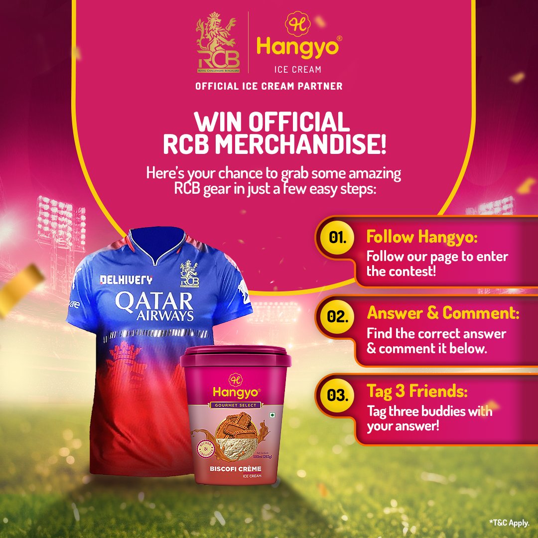 RCBTweets's tweet photo. ⭐ Win awesome RCB merchandise and delicious Biscofi Crème Ice-cream from Hangyo Gourmet! 🍦

🏏 Who's the top run-scorer this T20 season for RCB?

To enter: 1️⃣ Follow @HangyoIceCream 2️⃣ Guess the answer! 3️⃣ Tag 3 RCB fans! ❤

Ready? Show your RCB spirit! 💪

T&C Apply
#WinWithHangyo #RCB #ContestAlert