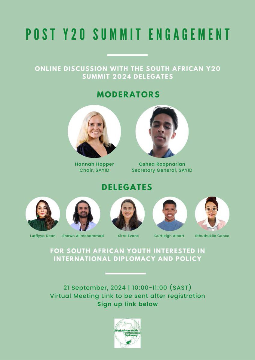 LutfiyyaDean1's tweet photo. Hi everyone.  Pleasing kindly join the link at 10am if you are interest if participating in the next G20 youth forum and in hearing our experiences as the South African delegation. We will be unpacking the process as well as how to apply. 🌍

https://t.co/APYB5DU4qi https://t.co/2F8Y2MYrNc