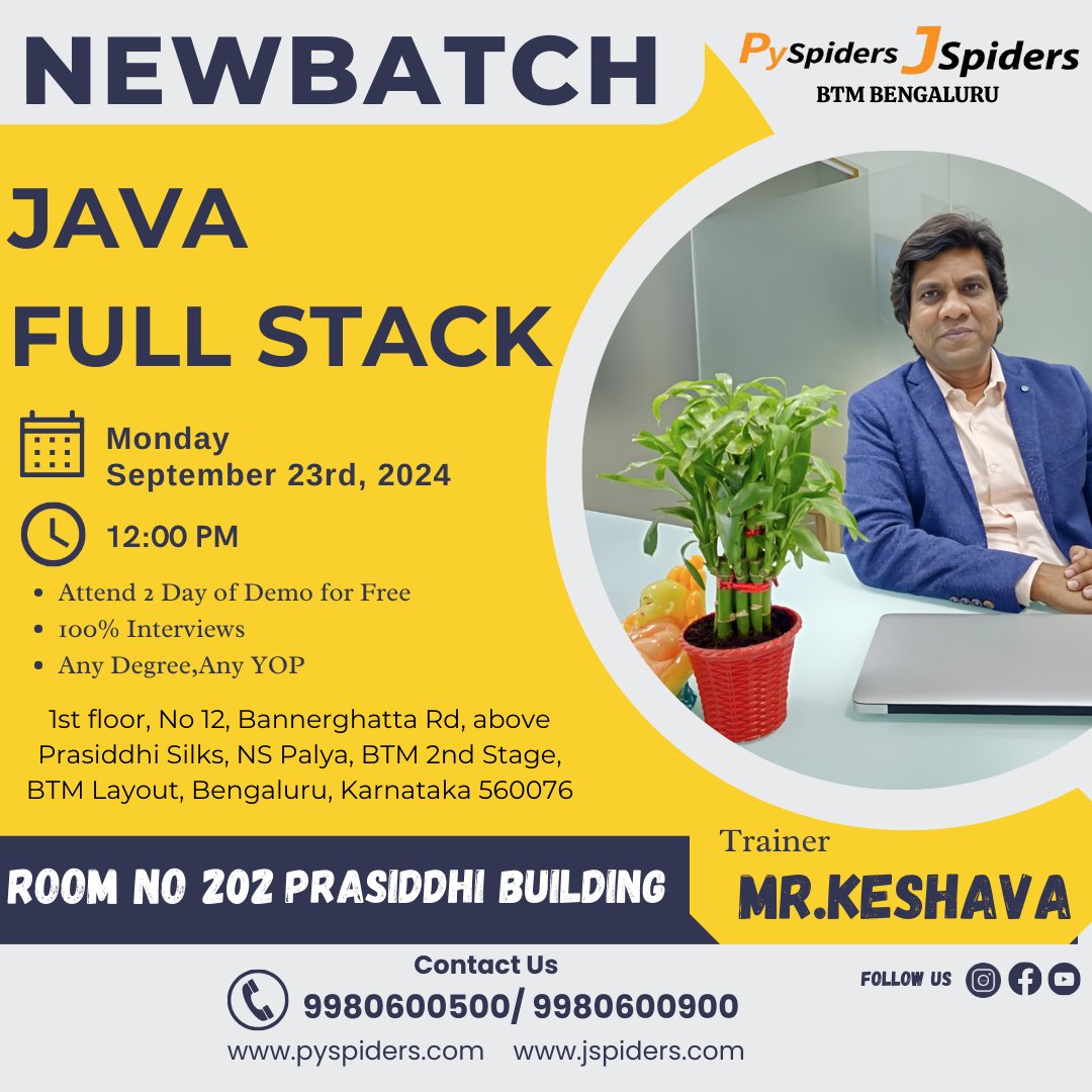 QSpiders_BTM_'s tweet image. Join Mr. Keshava Sir's Java Full Stack Offline Batch on 23/09/2024 at 12:00 PM in Room No. 202, prasiddhi Building,
.
.
#java #javatraining #fullstack #programming #enrollnow #skilldevelopment #professionalcourse #certification #jspiders #qspiders #pyspiders