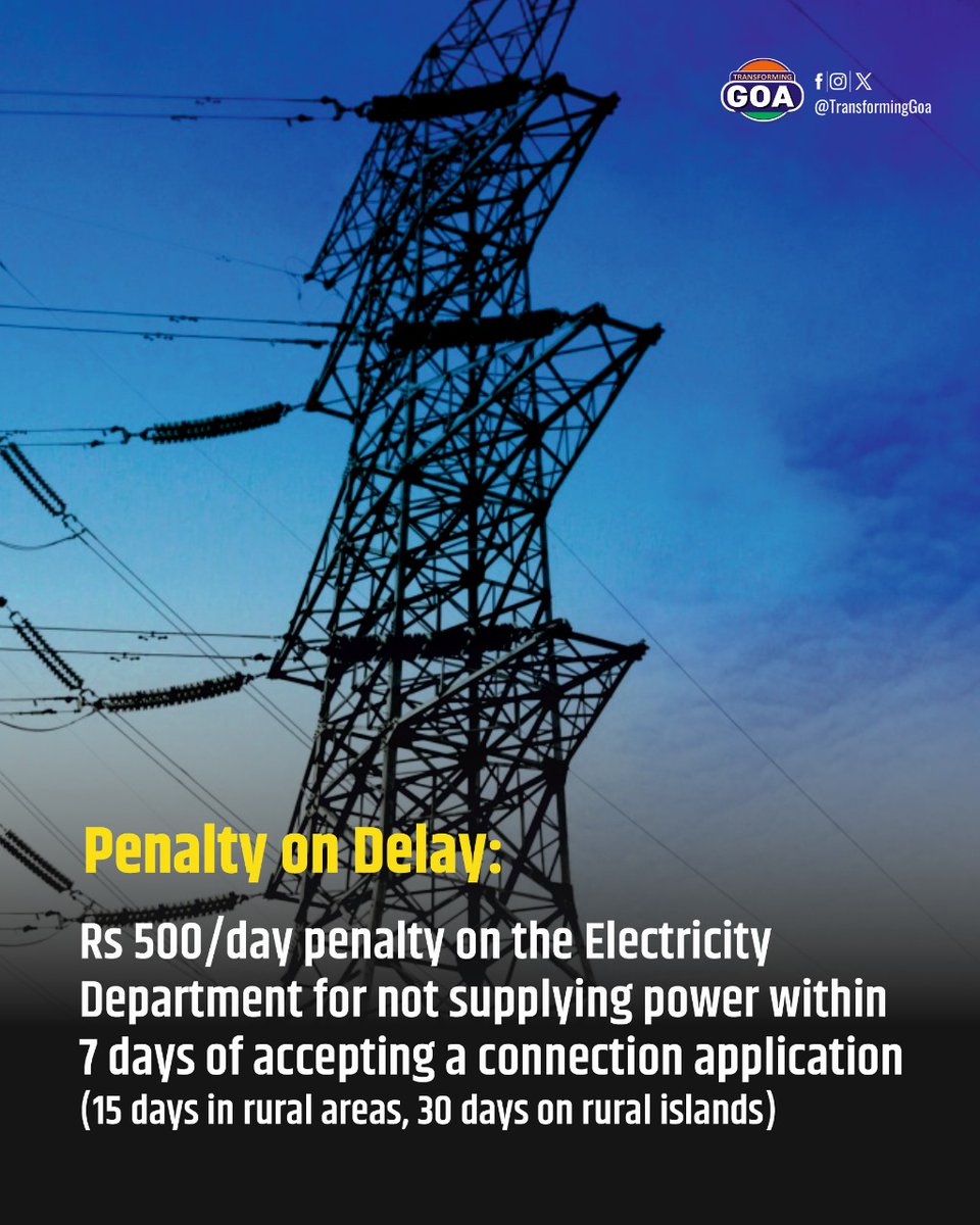 TransformingGoa's tweet image. Goa's new electricity regulations bring consumer-friendly reforms with rebates for timely online bill payments and penalties for delayed power supply.

#GoaPower #ConsumerFriendly #OnlinePayments #ElectricityReforms #GoGreen #DigitalIndia #GoaNews