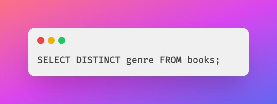 Yuvaraj81763681's tweet image. 22/
SQL can also help you avoid duplicates. Use the DISTINCT keyword:
This gives you a list of all unique genres in your library, without repeats. It's like asking, "What types of books do we have?" #SQLDistinct