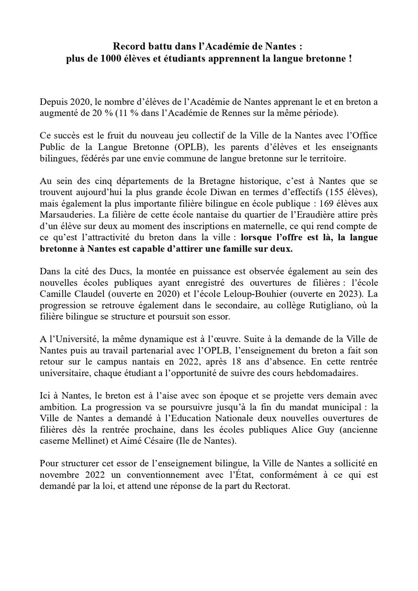 📈 Record battu dans l’Académie de Nantes : plus de 1⃣0⃣0⃣0⃣ élèves et étudiants apprennent la langue bretonne !
✅ Un bond de 20 % depuis 2020 (11 % dans l’Académie de Rennes sur la même période)

Ce n’est qu’un début, le travail continue !