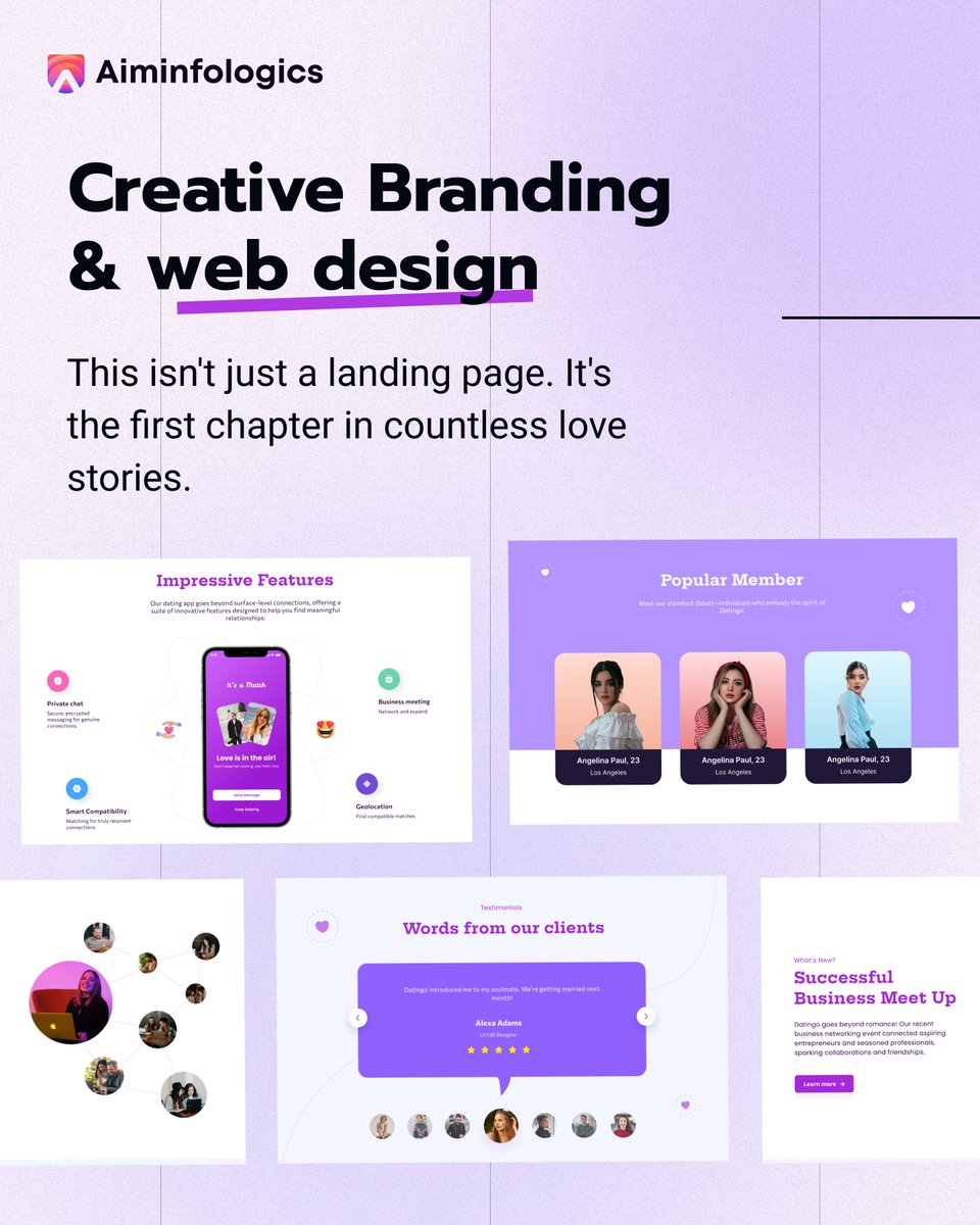 AInfologics's tweet photo. We've crafted a landing page that doesn't just showcase an app - it sets the stage for love stories.
Our design turns curious visitors into eager daters with just a scroll.

Got an idea that needs to match people with the right solution, just like a dating app connects people? https://t.co/mocSMXeBfT