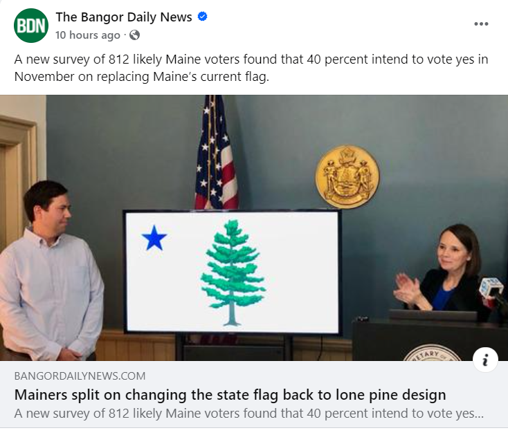 #Maine #MEpolitics
Winning this isn't just for us.  It will send a signal to the other Democrat-run states that are erasing their state flags.  This is a more important issue than it seems.  

Flags have power.