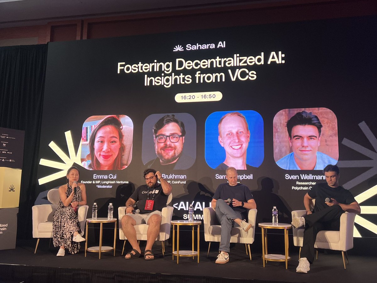 LongHashVC's tweet photo. [Happening now]

Our founder and managing partner @emmacui moderates “Fostering Decentralized AI: Insights from VCs” with the following panelists: 

- Jake Brukhman (Founder & MP, @coinfund)
- Sam Campbell (Investor, @SamsungNext)
- Sven Wellmann (Researcher, @polychaincap)

📍 AI/ALL by @saharaai, Sands Expo and Convention Center, Token 2049 Singapore