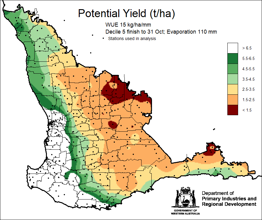 MeredithGuthr15's tweet photo. Updated @DPIRDbroadacre potential yield maps. Locations in the grainbelt at WUE 15, Mukinbudin and Nungarin lowest potential at 1 t/ha, Nabawa highest at 6.2 t/ha. WUE 20 map is better and hopefully WUE is higher than normal this year. #climate https://t.co/FqDXUy9f3U