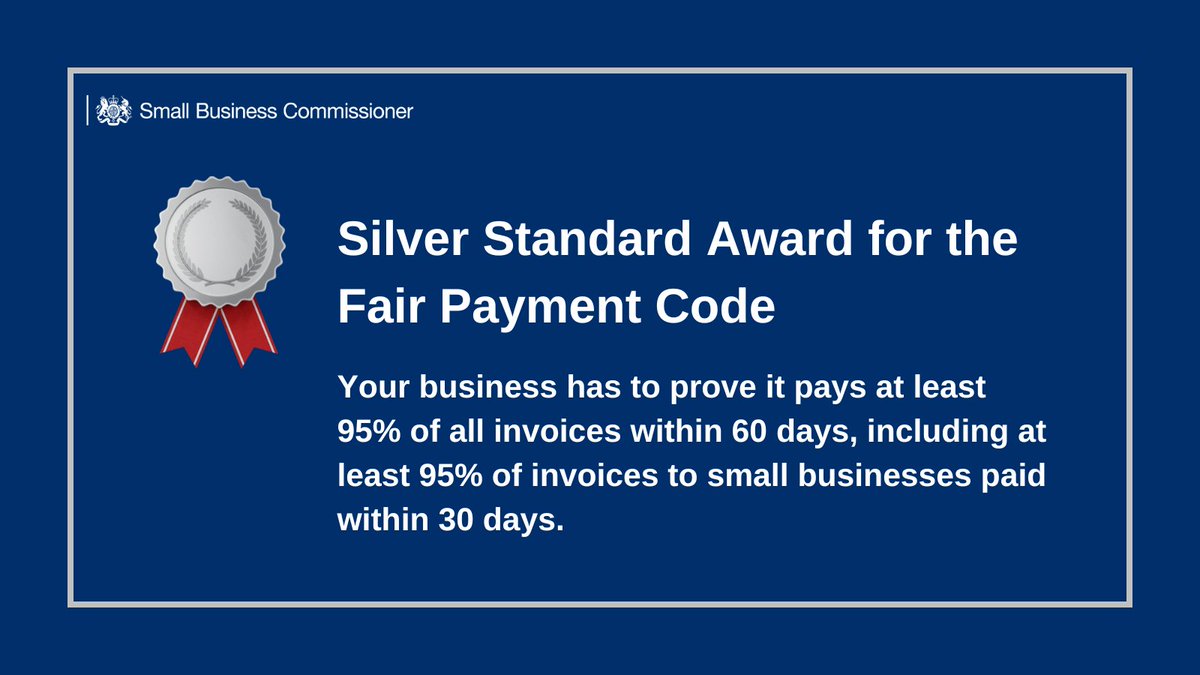 Small Business Commissioner UK (@sb_commissioner) on Twitter photo The Silver Standard Award is the mid-tier level of the new Code's award categories. To be granted silver status, companies must demonstrate they pay 95% of their small business suppliers within 30 days and all other suppliers within 60 days.
More on the new Code's award The Silver Standard Award is the mid-tier level of the new Code's award categories. To be granted silver status, companies must demonstrate they pay 95% of their small business suppliers within 30 days and all other suppliers within 60 days.
More on the new Code's award