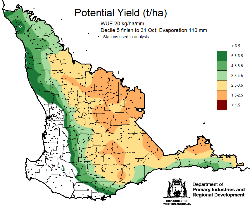 MeredithGuthr15's tweet photo. Updated @DPIRDbroadacre potential yield maps. Locations in the grainbelt at WUE 15, Mukinbudin and Nungarin lowest potential at 1 t/ha, Nabawa highest at 6.2 t/ha. WUE 20 map is better and hopefully WUE is higher than normal this year. #climate https://t.co/FqDXUy9f3U