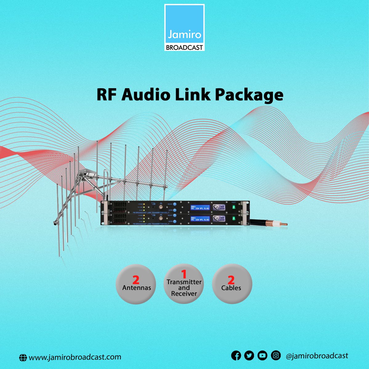 Introducing our RF Link Package: Delivering robust and reliable wireless signal transmission for broadcasters. Perfect for seamless communication over long distances! #JamiroBroadcast #FeelTheDifference #RFLink #SignalTransmission #BroadcastTechnology #ReliableConnection