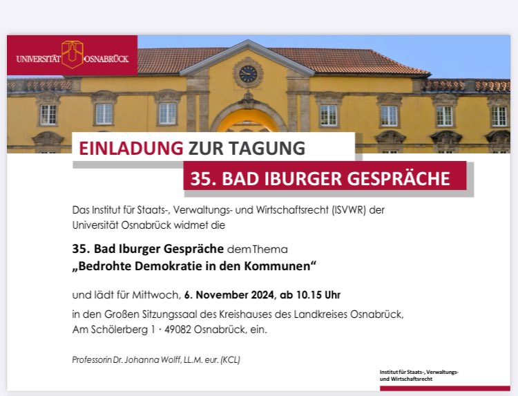 JohannaWolff (@johawolff) on Twitter photo Herzliche Einladung! Bei den 35. Bad Iburger GesprĂ€chen (die gar nicht in Bad Iburg, sondern im Kreishaus OsnabrĂŒck stattfinden) geht es am 6.11.2024 um die bedrohte #Demokratie in den #Kommunen. Anmeldungen ab sofort und bis 28.10. möglich und willkommen! isvwr.uni-osnabrueck.de/fileadmin/user⊠Herzliche Einladung! Bei den 35. Bad Iburger GesprĂ€chen (die gar nicht in Bad Iburg, sondern im Kreishaus OsnabrĂŒck stattfinden) geht es am 6.11.2024 um die bedrohte #Demokratie in den #Kommunen. Anmeldungen ab sofort und bis 28.10. möglich und willkommen! isvwr.uni-osnabrueck.de/fileadmin/userâŠ