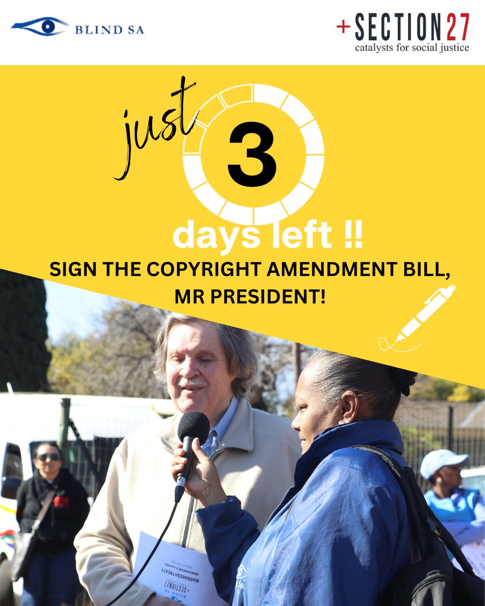 Day 19 of 21 | President <a href="/CyrilRamaphosa/">Cyril Ramaphosa 🇿🇦</a>, the clock is ticking! Sign the Copyright Amendment Bill NOW! 

Send a tweet to <a href="/CyrilRamaphosa/">Cyril Ramaphosa 🇿🇦</a> to urge him to sign the Bill. 

#EndTheBookFamine