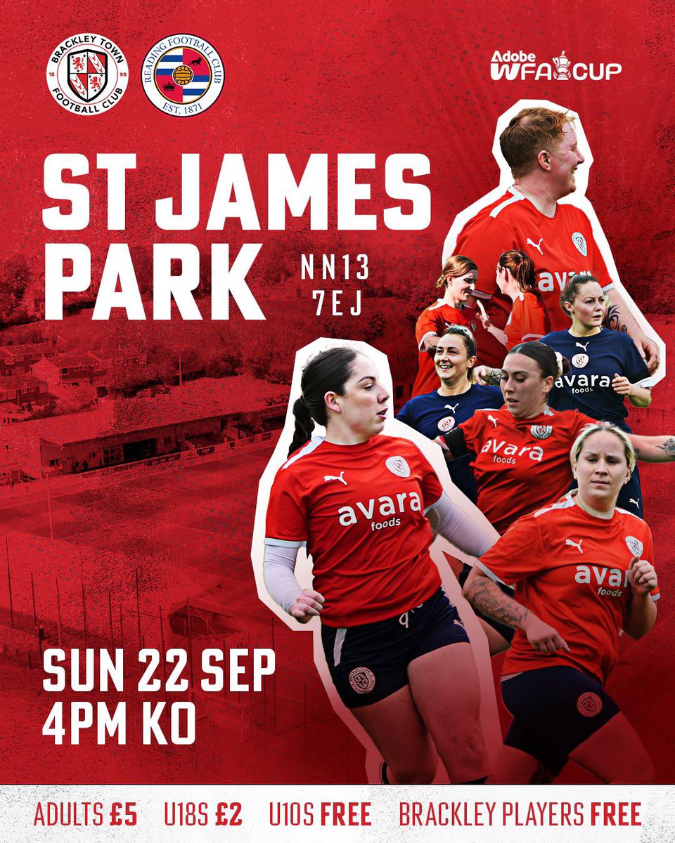 This Sunday the Ladies welcome <a href="/ReadingFCWomen/">Reading FC Women</a> to St James Park for the Second Round Qualifying of the Adobe Womens FA Cup.

🎟️ Adults £5, U18s £2, U10s &amp; Brackley Town players free entry!

A game that promises to be a stunning display of women’s football ⚽️❤️🤍