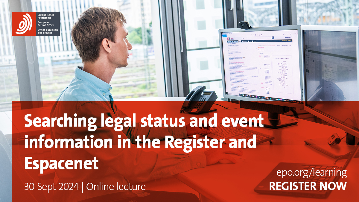 EPOorg's tweet photo. Struggling with patent databases and Espacenet tools? 📊
Join our upcoming lecture to master searching, and understand patent documentation and get the legal status info you need.
🔗 https://t.co/BUVvJM64q3
#IPTraining #PatentSearch #Espacenet https://t.co/Lo8ml52wzG