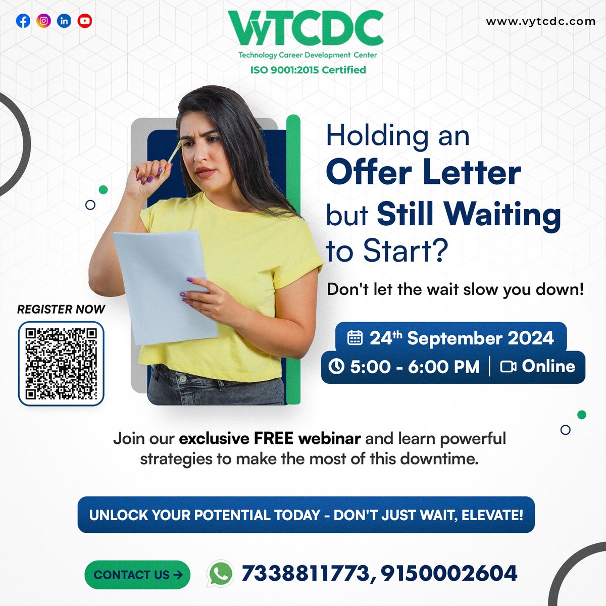 vytcdc's tweet image. Got some extra time before your new role begins? Use it wisely!Our upcoming webinar will help you sharpen your skills and stay ahead while you wait  For More

Details Call: 7338811773  
Register here : vytcdc.com/events/offer-l… , and Email: careers@vytcdc.com

#vytcdc