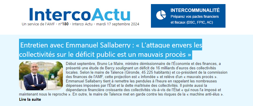l_amf's tweet photo. [#IntercoActu] Retrouvez l'édition de cette semaine ⤵️
Au programme : 
- Finances publiques : "L'attaque envers les collectivités sur le déficit public est un mauvais procès", entretien avec @EmSallaberry , co-président de la commission Finances de l'AMF
- Eau et assainissement : Peut-on déroger au principe d'harmonisation tarifaire ?  
- Paroles d'experts : Les modalités de répartition du FPIC en vidéo