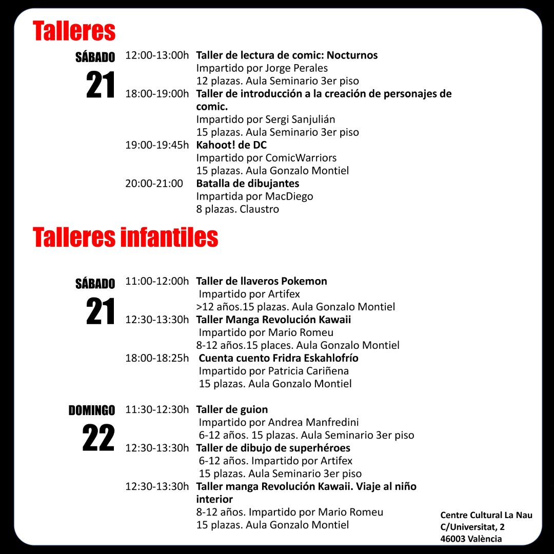 💬 El viernes 20, comienzan las XIII Jornadas de <a href="/ComicVlc/">Jornadas Comic VLC</a> en 📍 <a href="/LaNauuv/">UVcultura / La Nau</a> 

🙌 Talleres de dibujo, guion o lectura, juegos, charlas y encuentros con profesionales del cómic, y muchas más actividades.

🎟️ Entrada libre hasta completar aforo

🗓️ Hasta el 22/09