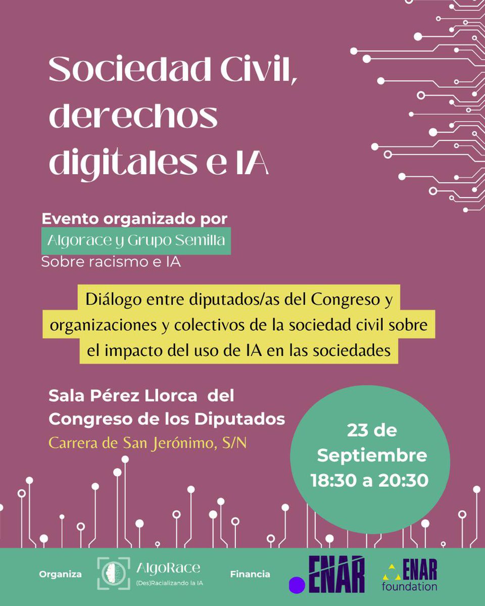 algo_race's tweet image. 🎙️ Conversatorio: Sociedad Civil, Derechos Digitales e IA 

Únete a nuestro equipo el próximo 23 de septiembre de 18:30 a 20:30 en el Congreso de los Diputados para debatir sobre el impacto de la inteligencia artificial en los derechos digitales y el rol de la sociedad civil.
