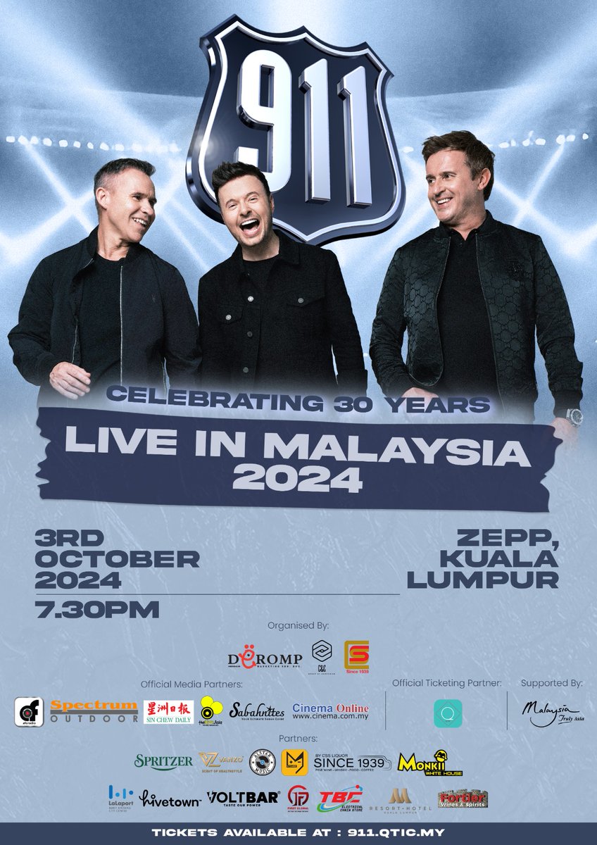 𝟗𝟏𝟏 𝑳𝒊𝒗𝒆 𝒊𝒏 𝑴𝒂𝒍𝒂𝒚𝒔𝒊𝒂 𝟐𝟎𝟐𝟒 🇲🇾

1 Oct @ Kota Kinabalu

3 Oct @ Kuala Lumpur

911.qtic.my

𝗦𝗘𝗘 𝗬𝗢𝗨 𝗧𝗛𝗘𝗥𝗘 ‼️ <a href="/911official/">911</a>  <a href="/MrLeeBrennan/">Lee Brennan</a> <a href="/MrSpikeDawbarn/">Simon'Spike'Dawbarn</a> #Malaysia