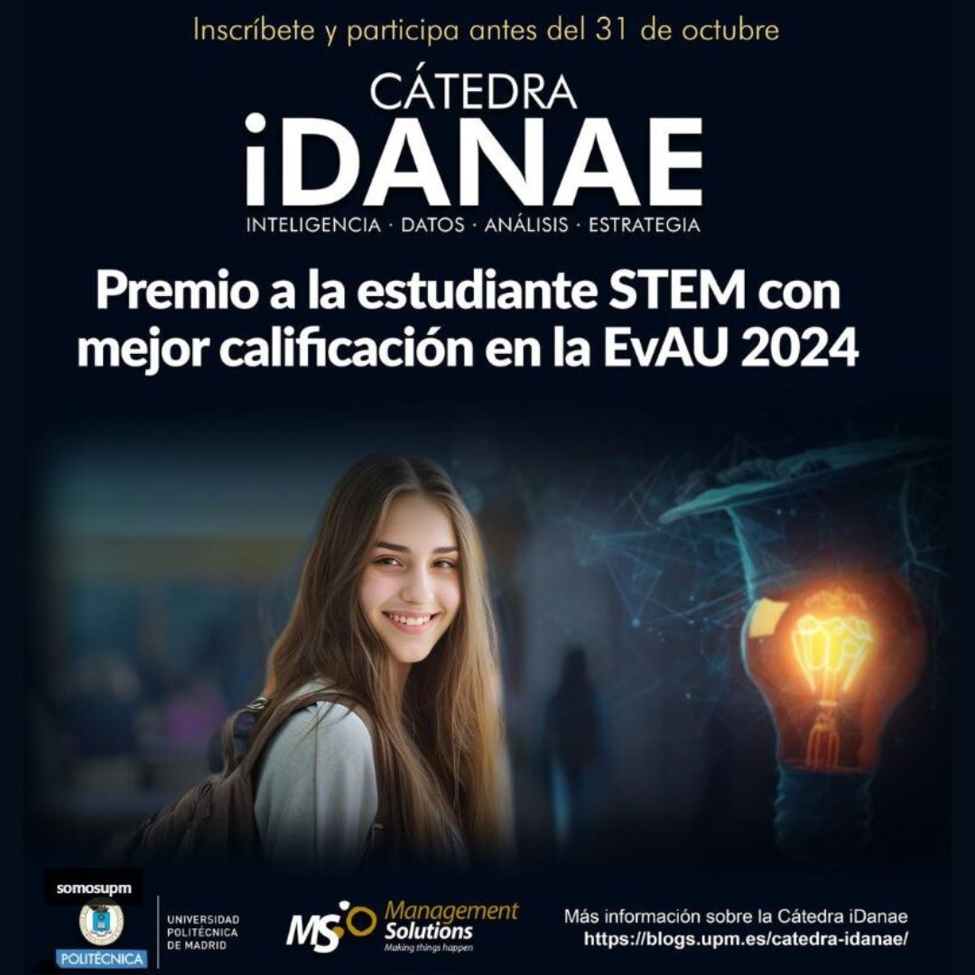 🚨¡No te pierdas la oportunidad de participar en la I edición del Premio iDanae a la estudiante STEM con mejor calificación en la EvAU! 
ℹ️ Más información en: managementsolutions.com/sites/default/…
🗓️Fecha límite 31 de octubre de 2024. ¡Inscríbete!
