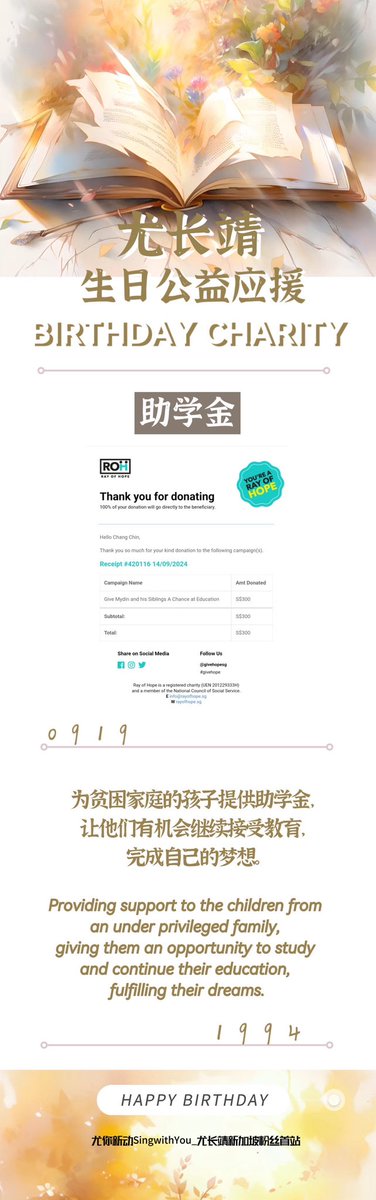 240919 #YouZhangjing 30th Birthday Fan Support

To celebrate #Zhangjing’s 30th birthday, we have donated $300 SGD to ‘Ray of Hope’ - ‘Education Giving Circle’! For more details: rayofhope.sg/campaign/mydin…

#尤长靖 #AzoraChin