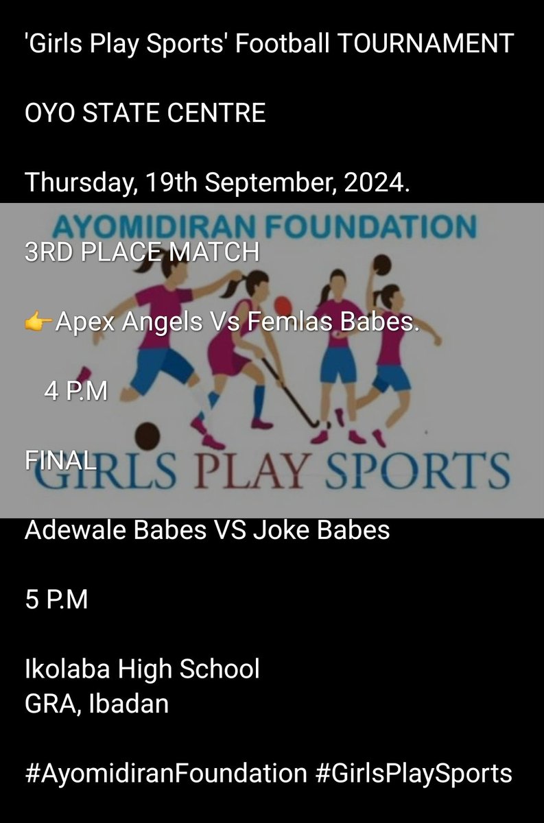 Final day at the Southern Centres. 

Girls Play Sports  
<a href="/AyisatYusuf7/">Ayisat Yusuf</a> 
<a href="/EBIONOME/">ONOME EBI</a> 
<a href="/MaryOnyali/">Mary Onyali</a> 
<a href="/Funkeoshonaike/">Olufunke Oshonaike</a>