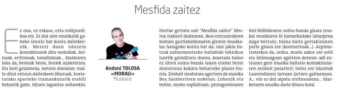 Gaurko #Moraurena nahikoa sinestesiko dator..."entzun daitezkeen liburuak". Ukan konfiantza apur bat eta irakurri (bai testua, baita liburua ere, jakina!).

«Mesfida zaitez», by <a href="/iamorau/">Morau</a> feat. <a href="/beatxo/">Bea Salaberri</a>.