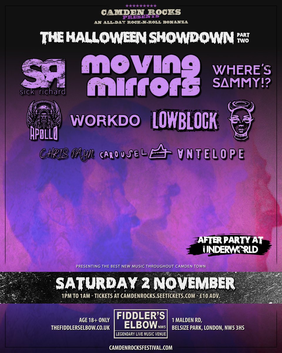 Camden Rocks Fest (@camdenrocksfest) on Twitter photo NEW SHOW 🎃 #CamdenRocks presents an all-day ђคɭɭ๏ฬєєภ bonanza featuring #MovingMirrors @SickRichardBand @ThisIsWorkdo @UKCarouselBand & more live at <a href="/FiddlersCamden/">The Fiddlers Elbow</a>, Saturday 2nd November.
TIX 🎟️ fb.me/e/8aZVIJbxh
With after party at <a href="/CamdenRocksClub/">Camden Rocks Club</a> <a href="/TheUnderworld/">The Underworld</a>! NEW SHOW 🎃 #CamdenRocks presents an all-day ђคɭɭ๏ฬєєภ bonanza featuring #MovingMirrors @SickRichardBand @ThisIsWorkdo @UKCarouselBand & more live at <a href="/FiddlersCamden/">The Fiddlers Elbow</a>, Saturday 2nd November.
TIX 🎟️ fb.me/e/8aZVIJbxh
With after party at <a href="/CamdenRocksClub/">Camden Rocks Club</a> <a href="/TheUnderworld/">The Underworld</a>!