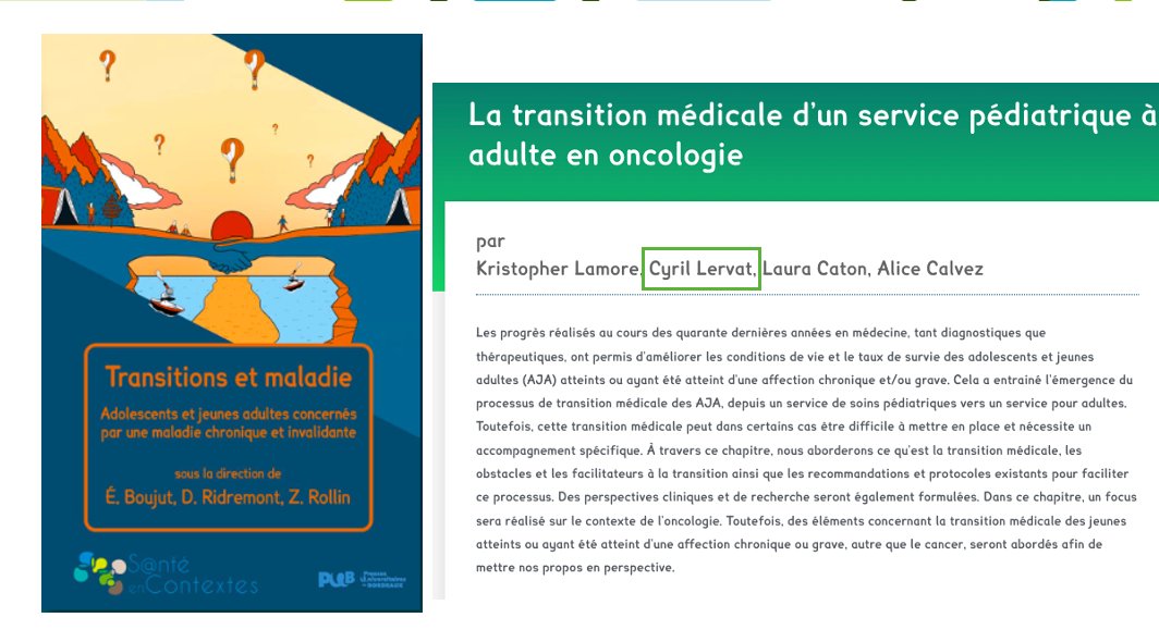 Go_AJA_Go's tweet photo. Nouvel ouvrage aux @PressesUnivBdx ! 📕

Découvrez la #recherche appliquée autour de la #santé #AJAcancer dans le chapitre "La transition médicale d’un service pédiatrique à adulte en oncologie" par le Dr Lervat.

Toujours disponible en open access : https://t.co/7Zdajy93D7 https://t.co/9ajv01qjNk
