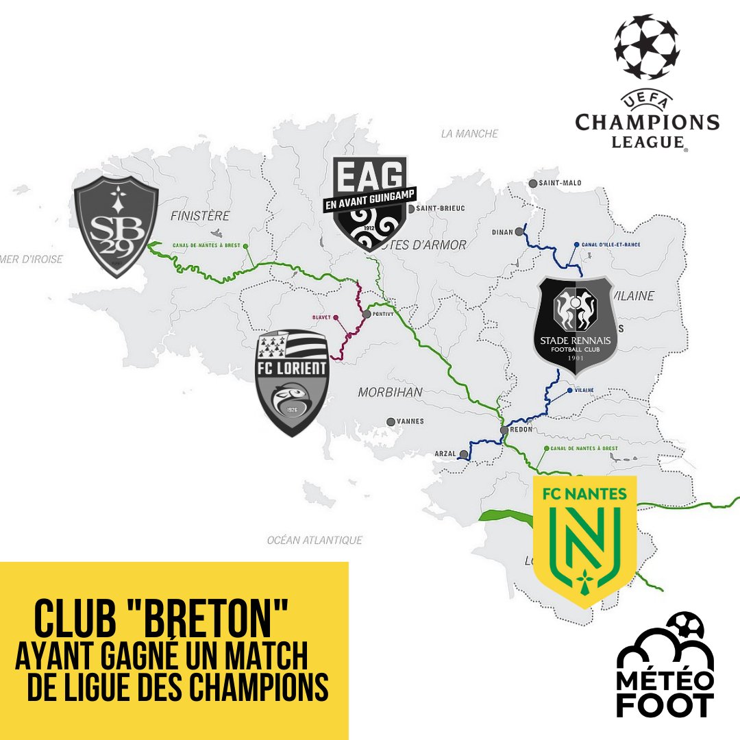 ✨️ Petite carte taquine sur laquelle le Stade Brestois peut se colorer ce soir..!

..Si votre club apparaît coloré sur cette carte c'est qu'il est le seul club assimilé, par certains, "Breton"* ayant remporté un match de Ligue des Champions dans l'Histoire. 

<a href="/FCNantes/">FC Nantes</a>