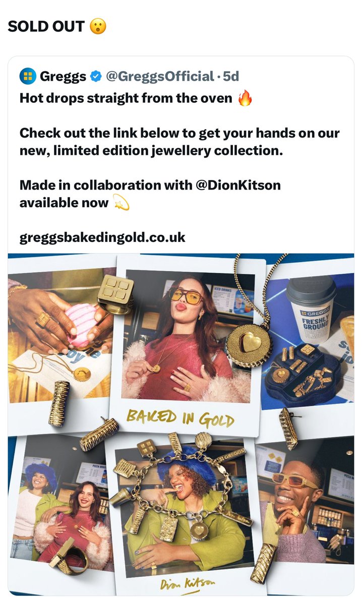 Greggs Baked in Gold jewellery drop sold out #MarketingStrategies hit gold 💰⭐️