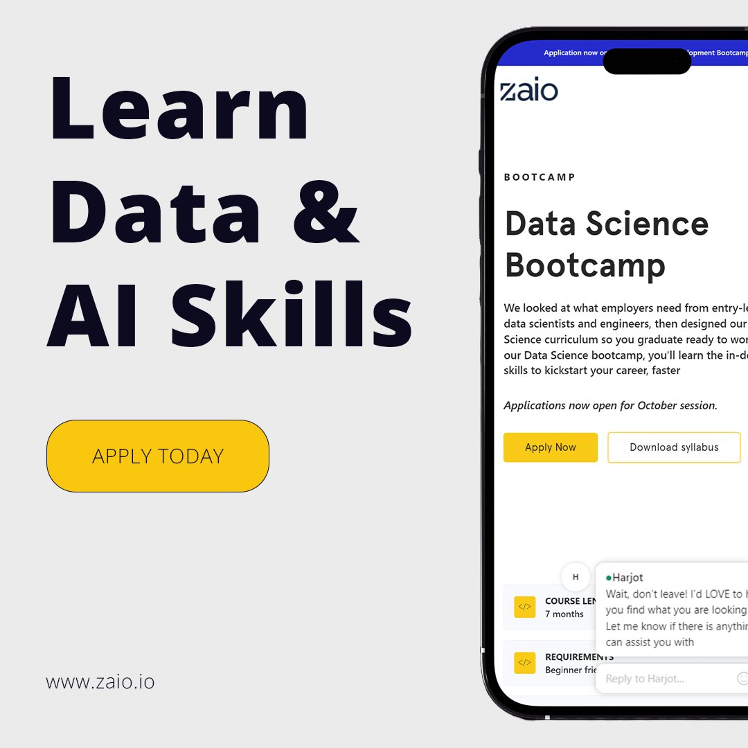 zaiotech's tweet image. Unlock the future with cutting-edge Data Science &amp;amp; AI skills. 🚀

Join Zaio&apos;s Data Science Bootcamp and be ready for your next career move.
Applications for October are now open! 📊💡

#LearnDataScience #AI #TechCareers #ApplyNow