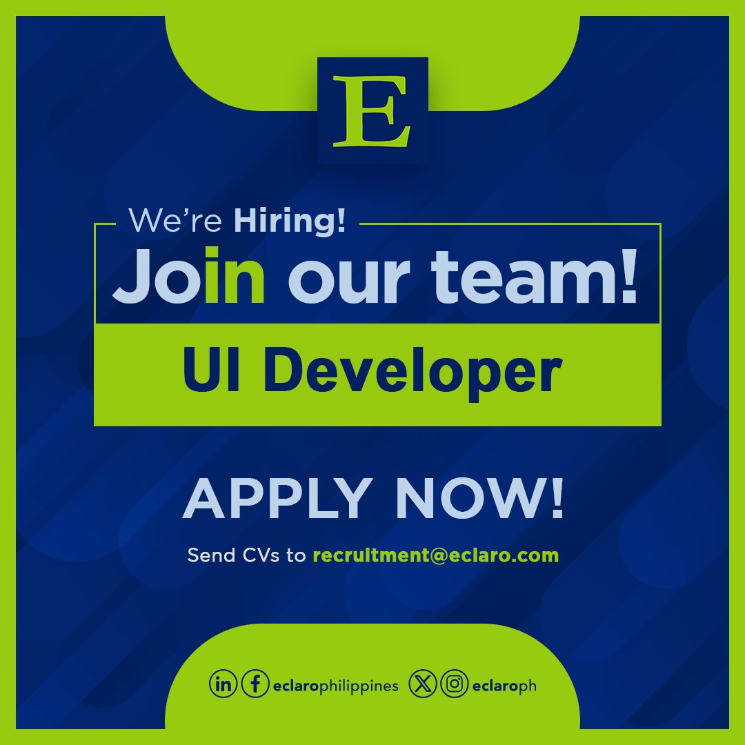 EclaroPh's tweet photo. Play a key role in user interface design!

Become our client’s UI Developer and bring your creativity and expertise.

Send your resumes to recruitment@eclaro.com today!

Don’t forget to include X as your social media source. 😉

#ECLAROPh #ECLAROCareers #jobsph #UIDeveloper https://t.co/ZamAUhXP8s
