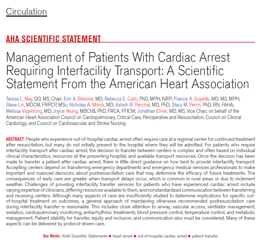AHA Science (@ahascience) on Twitter photo This describes management & treatment of cardiac arrest patients requiring interfacility transport.
During IFT, hyperoxia, hypoxia, hyperventilation, hypoventilation, hypotension must be avoided.
✍🏽 <a href="/ErinBressler/">Erin Bressler</a> @CashRebecca <a href="/emerg_doc/">Steve Lin</a> <a href="/namorrismd/">Nicholas Morris</a> <a href="/Mu_AHAscience/">Mu Huang, PhD, DPT</a> <a href="/K_SheehanPhD/">Katherine Sheehan, PhD</a> This describes management & treatment of cardiac arrest patients requiring interfacility transport.
During IFT, hyperoxia, hypoxia, hyperventilation, hypoventilation, hypotension must be avoided.
✍🏽 <a href="/ErinBressler/">Erin Bressler</a> @CashRebecca <a href="/emerg_doc/">Steve Lin</a> <a href="/namorrismd/">Nicholas Morris</a> <a href="/Mu_AHAscience/">Mu Huang, PhD, DPT</a> <a href="/K_SheehanPhD/">Katherine Sheehan, PhD</a>