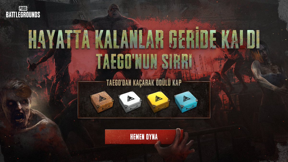 PUBG_TUR's tweet photo. Hayatta Kalanlar Geride Kaldı modu şimdi oyunda.
Taego'dan kaç ve ödülleri topla!

Sınırlı bir süre için oyunda 👇
 🖥️ PC: 19 Eylül - 10 Ekim
 🎮 Konsol: 26 Eylül - 17 Ekim

 #PUBG #BATTLEGROUNDS #PUBGArcade #SurvivorsLeftBehind https://t.co/e4GetuudCM