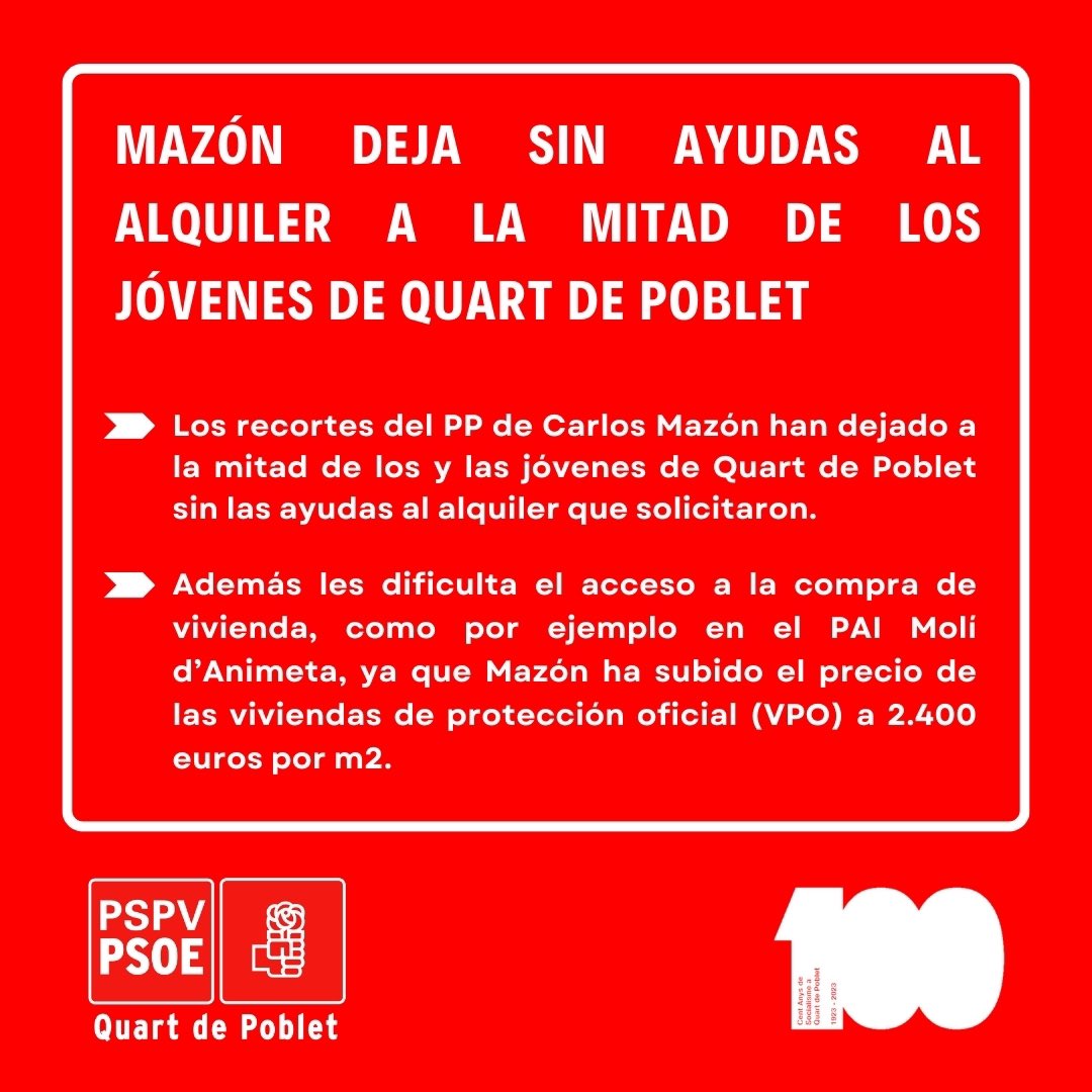 📈Además les dificulta el acceso a la compra de vivienda, como por ejemplo en el PAl Molí d'Animeta, ya que Mazón ha subido el precio de las viviendas de protección oficial (VPO) a 2.400 euros por m2. 

2/2