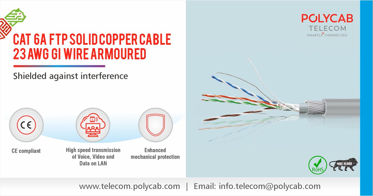PolycabTelecom's tweet image. Cat 6A FTP Solid Copper Cable 23 AWG GI Wire Armoured 
Shielded against interference 
Know More bit.ly/47uZykA

#cat6a #FTP #solidcoppercable #GIwirearmoured #armouredcable #polycabtelecom #vocalforlocal #digitalIndia #makeinIndia #atmanirbharbharat @PolycabIndia