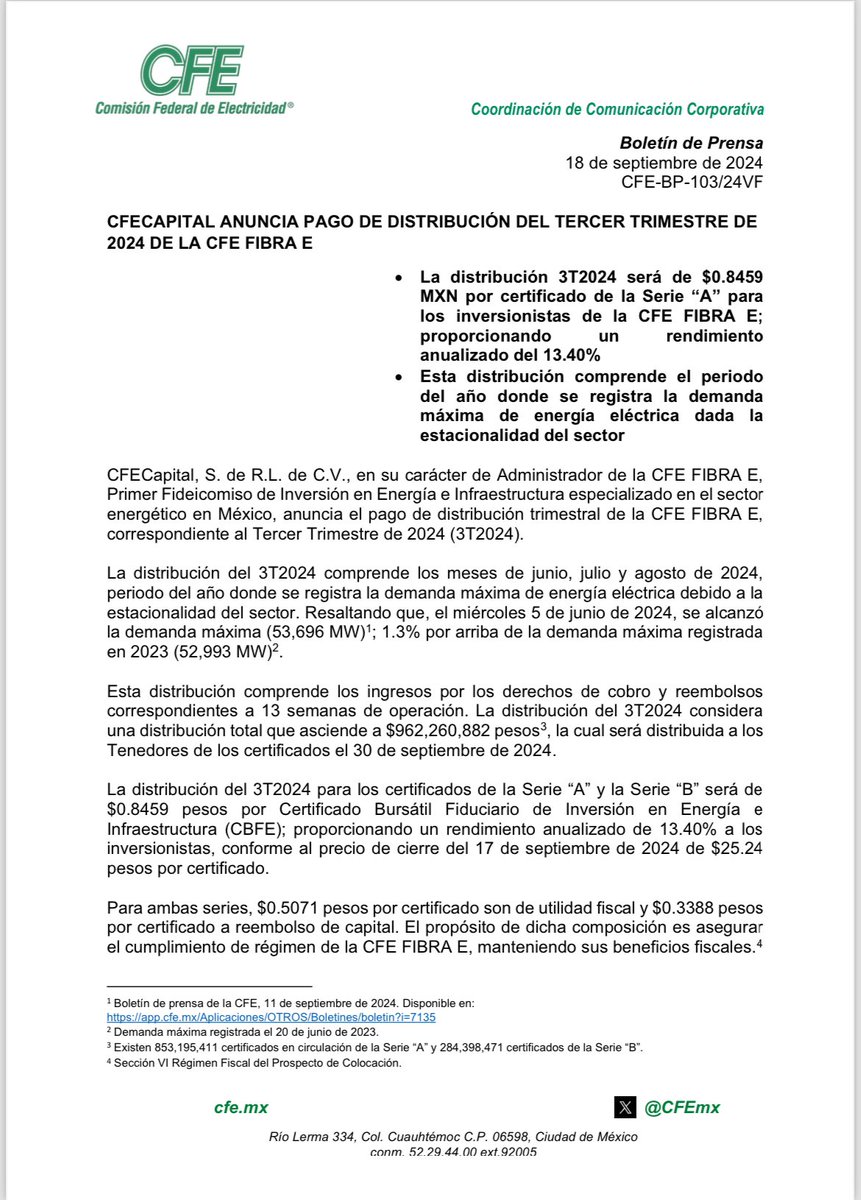 CFEmx's tweet photo. #Boletín | CFECAPITAL anuncia pago de distribución del tercer trimestre de 2024 de la CFE FIBRA E. La distribución del 3T2024 para los certificados de la Serie “A” y la Serie “B” será de $0.8459 pesos por Certificado Bursátil Fiduciario de Inversión en Energía e Infraestructura (CBFE). https://t.co/XhRRIisNwS
