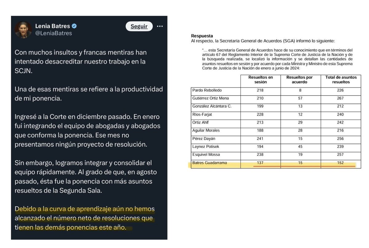 El mejor argumento en contra de la Reforma al Poder Judicial nos lo acaba de dar <a href="/LeniaBatres/">Lenia Batres</a>.

Un juez, un magistrado y, sobre todo, un ministro NO puede llegar a aprender, pues la justicia debe ser pronta y expedita. Por eso existe la CARRERA JUDICIAL, para que no haya "curvas