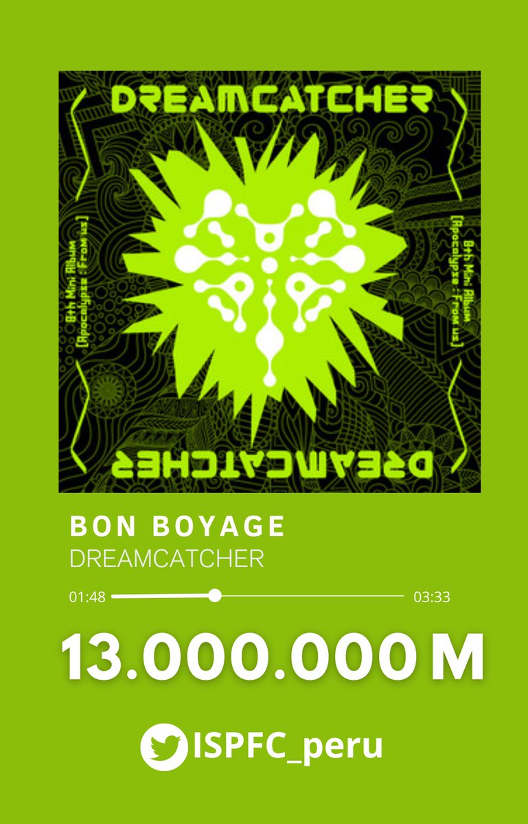 ISPFC_peru's tweet photo. "𝐁𝐎𝐍 𝐕𝐎𝐘𝐀𝐆𝐄" ha superado 13.000.000 de reproducciones en Spotify!!! 🔥🔥🔥
#Dreamcatcher #드림캐쳐 @hf_dreamcatcher
#Apocalypse #From_us #BONVOYAGE https://t.co/8kWgYHl5Xk