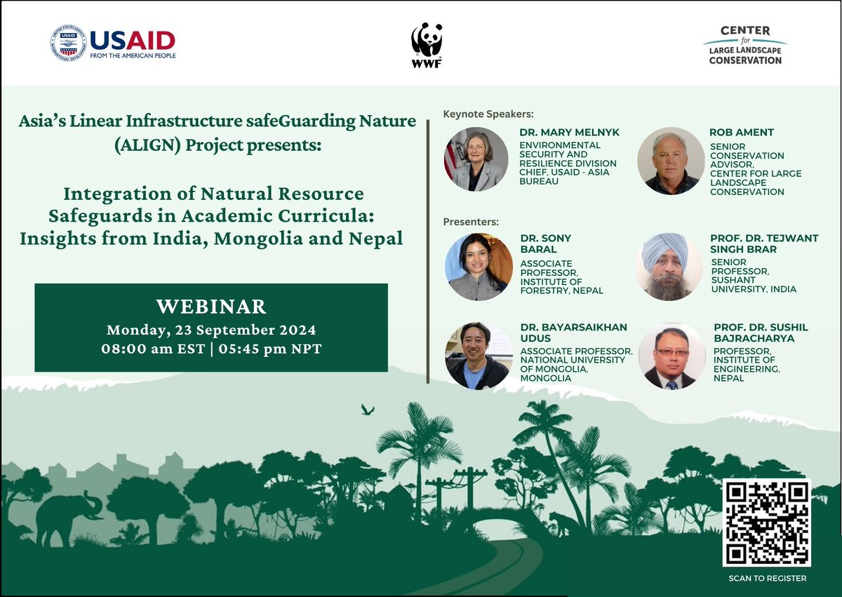 WWFNepal's tweet photo. Join our webinar to explore how natural resource safeguards is integrated in academic curricula in India, Mongolia, and Nepal. 

REGISTRATION LINK: https://t.co/AYf5hjKrv3

#wildlifefriendlyinfrastructures #togetherpossible https://t.co/PmULO0u1bC